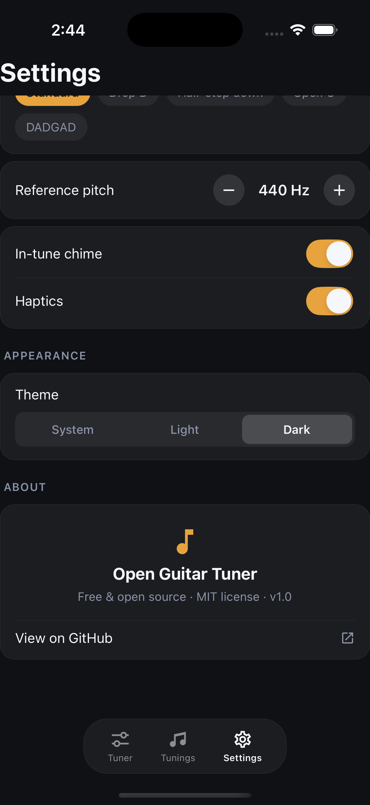 Settings screen