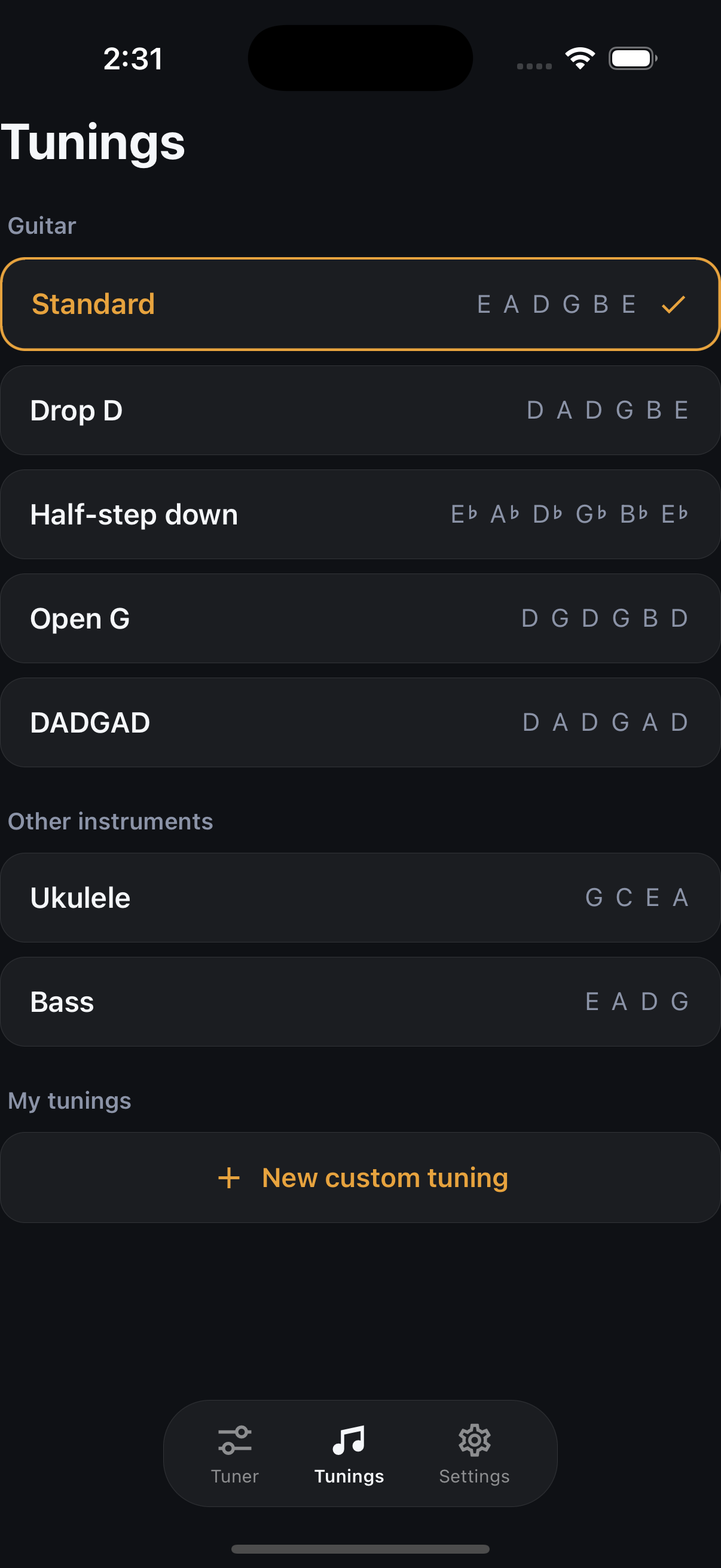Tunings screen